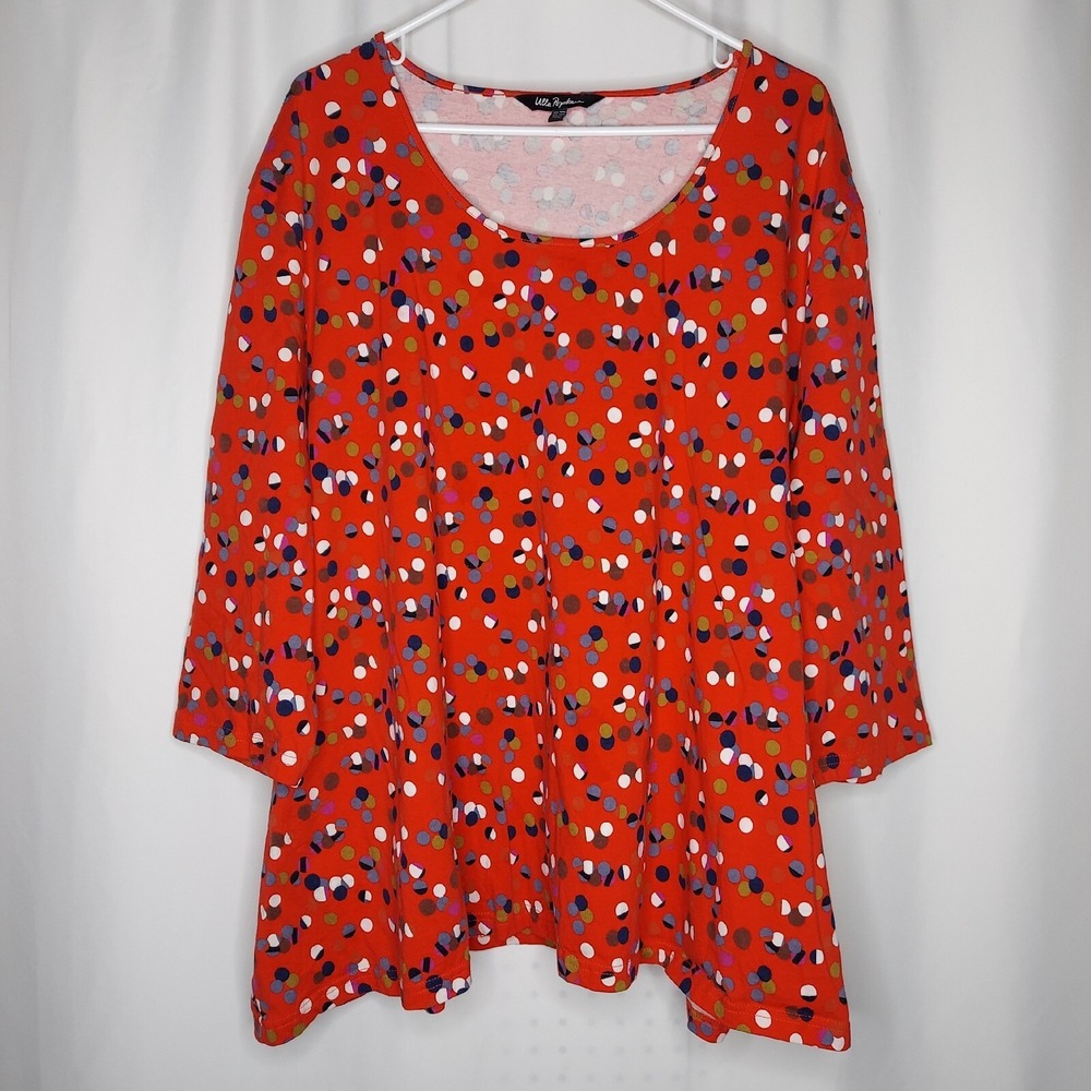 Ulla Popken Top Women 36 Red Multicolor Polka-Dot Cotton 3/4 Sleeve Scoop Tshirt